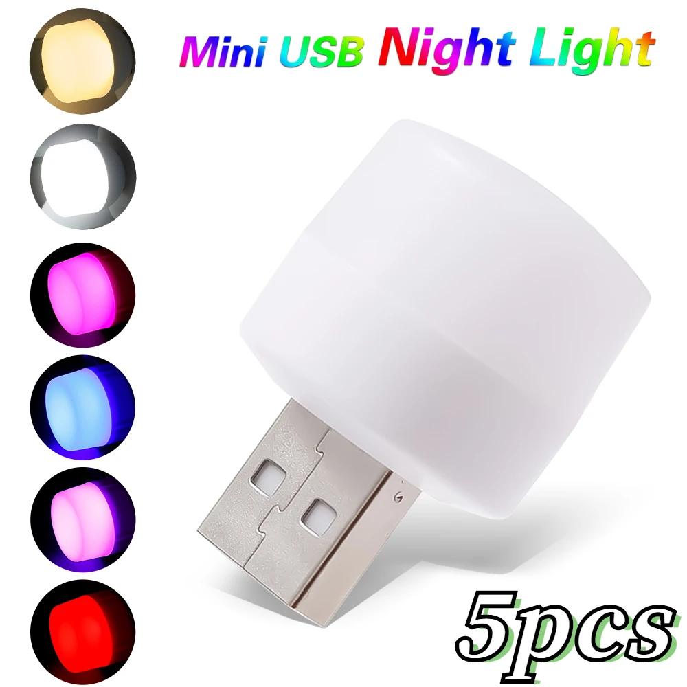 

5Pcs Mini LED Night Light Portable Colorful USB Plug Lamp Power Bank Computer Charging Book Lights Eye Protection Reading Light