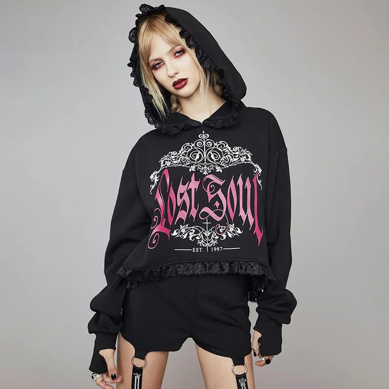 

Gothic Hoodie Black Graphic Hoodies Woman Dark Letter Print Lace Trim Mall Goth Hoodies Alt Emo Tops Grunge Fairy Core Clothes