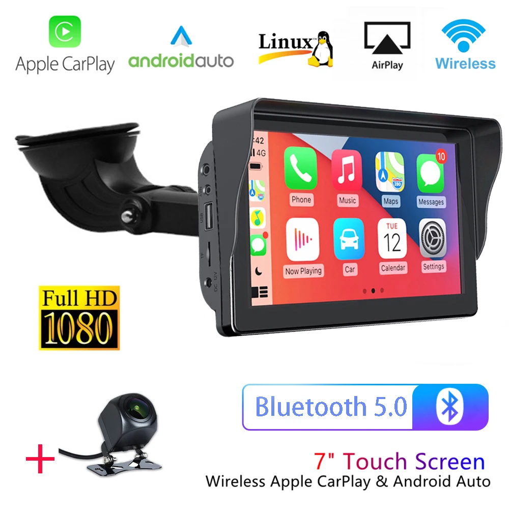 

2022 Newest 7" Portable Car Stereo Wireless Carplay & Android Auto IPS Bluetooth 5.0 Audio Hands Free Calling/GPS/Siri/Mic Dash
