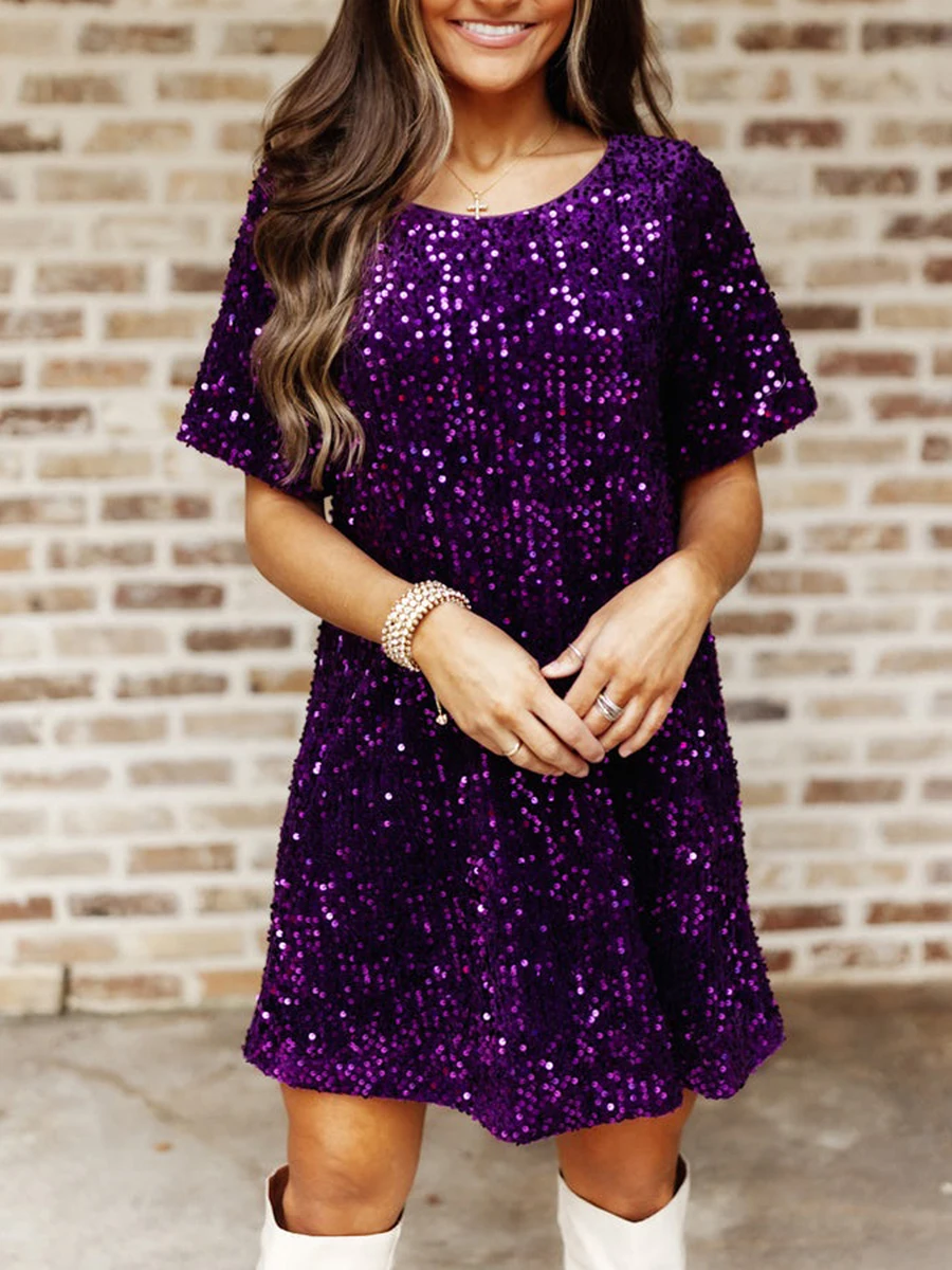 

Women s Shimmering Sequin Dress with Short Sleeves - Glittery Loose Fit Mini Dress for Casual Tunic Disco Party and Clubwear