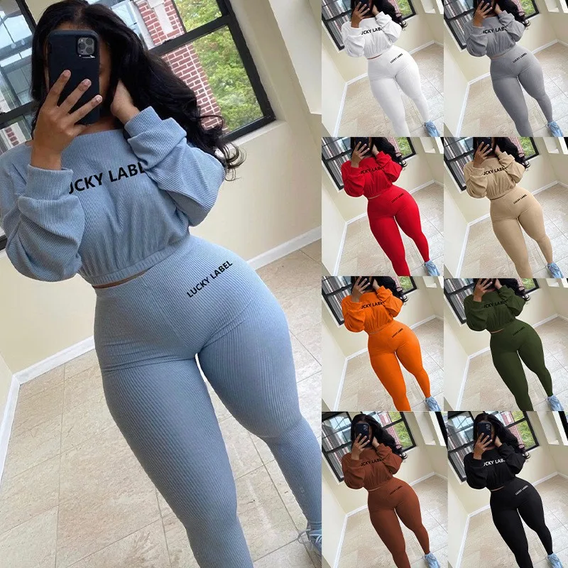 

2023 Women Pant Set Fashion Printed Embroidery Women Two Piece Ribbed Tracksuits Long Sleeve Sweatshirt and Skinny Lady Outfits