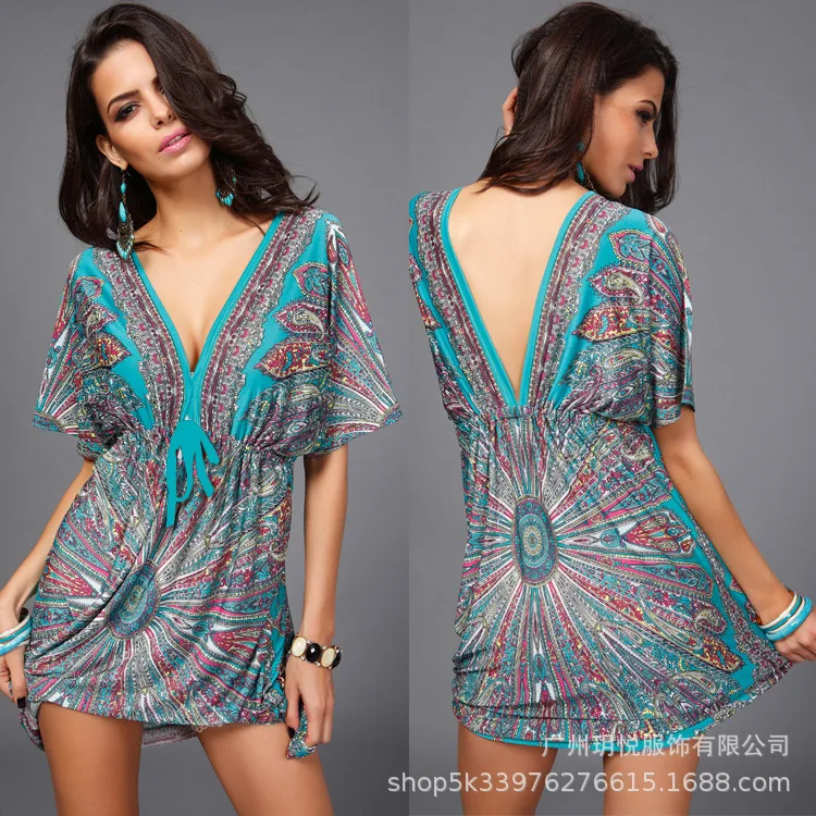 Женское богемное летнее платье с коротким рукавом и V-образным вырезом