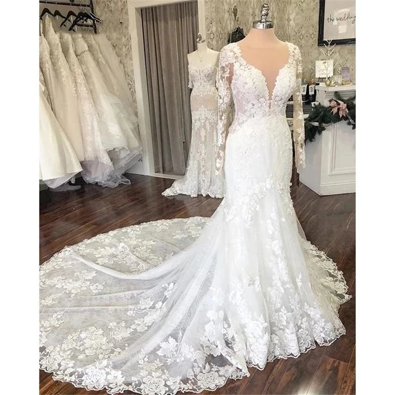 

Кружевное свадебное платье-Русалка ANGELSBRIDEP, сексуальное платье невесты с прозрачным вырезом и длинными рукавами, Лидер продаж