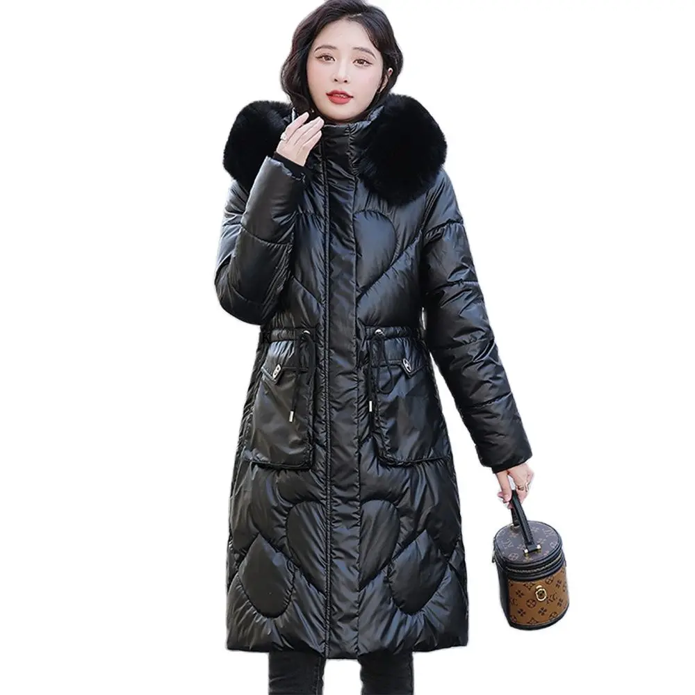 

Зимняя пуховая куртка, пуховик, женская новая модная куртка с капюшоном и большим меховым воротником, пальто с хлопковой подкладкой, толстое теплое глянцевое длинное зимнее пальто