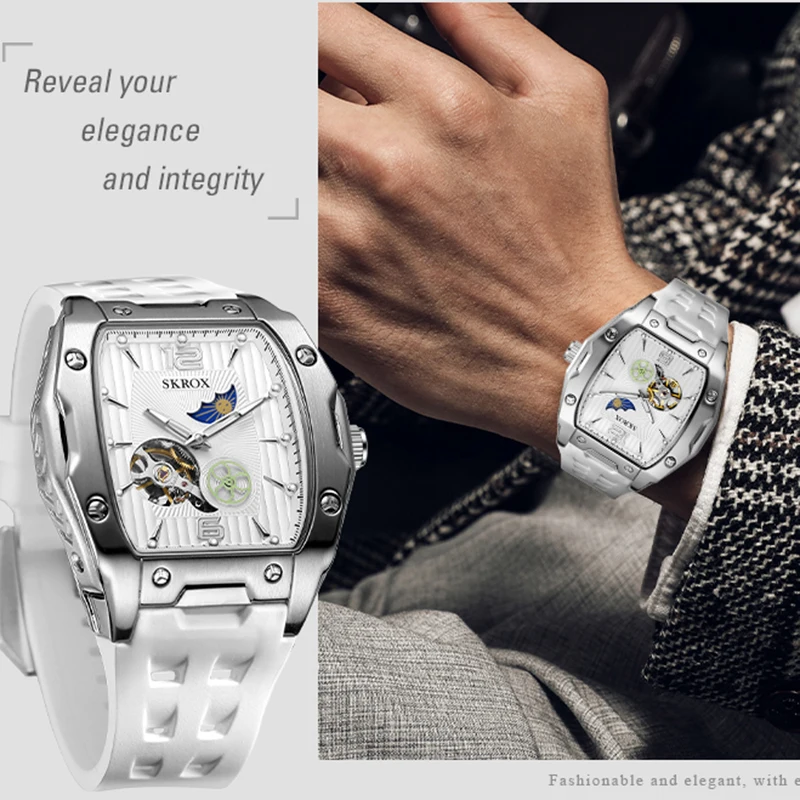 Фото SKROX Роскошные Tonneau Moon Phase Tourbillon с автоматическим механизмом, механические мужские часы высокого качества, водонепроницаемые силиконовые часы в стиле милитари №2