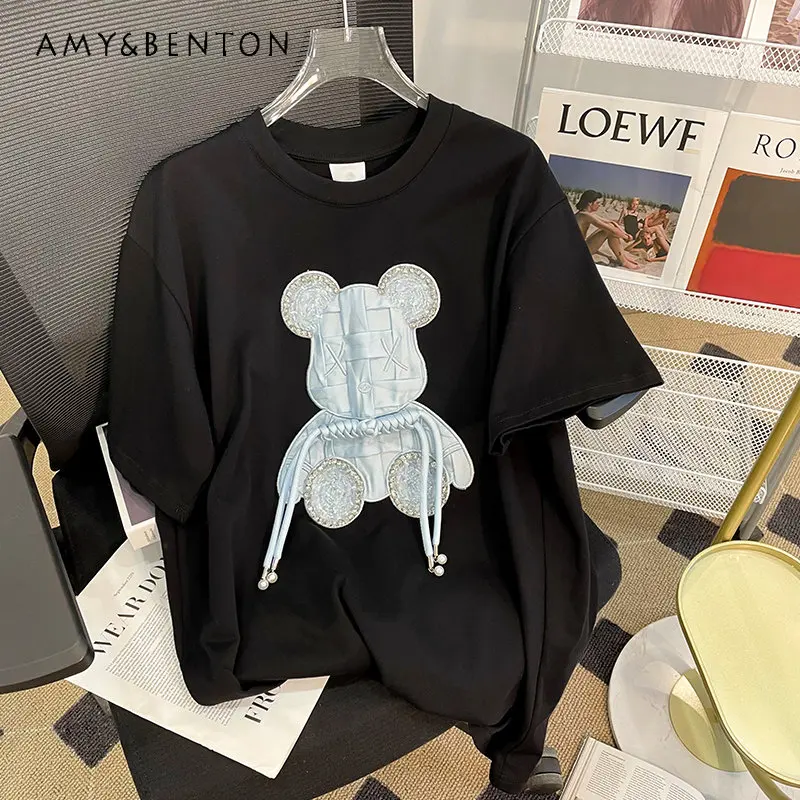 

American Style Fashion Brand Cartoon Rhinestone Hot Fixed Short Sleeve T-shirt Female Loose Casual Top Summer New Tees