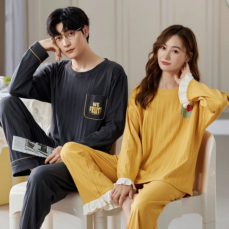 Couple Pajamas Women's Long-sleeved Korean Version Solid Color Cotton Cute Men's Simple Lovers Homewear Household Pijamas Women