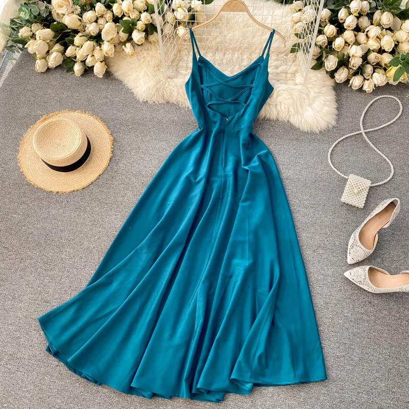 

Woherb V Neck Spaghetti Strap Dress Women Solid Color Casual Fashion Camisole Dresses Female Party Elegant Beach Vestidos 2022