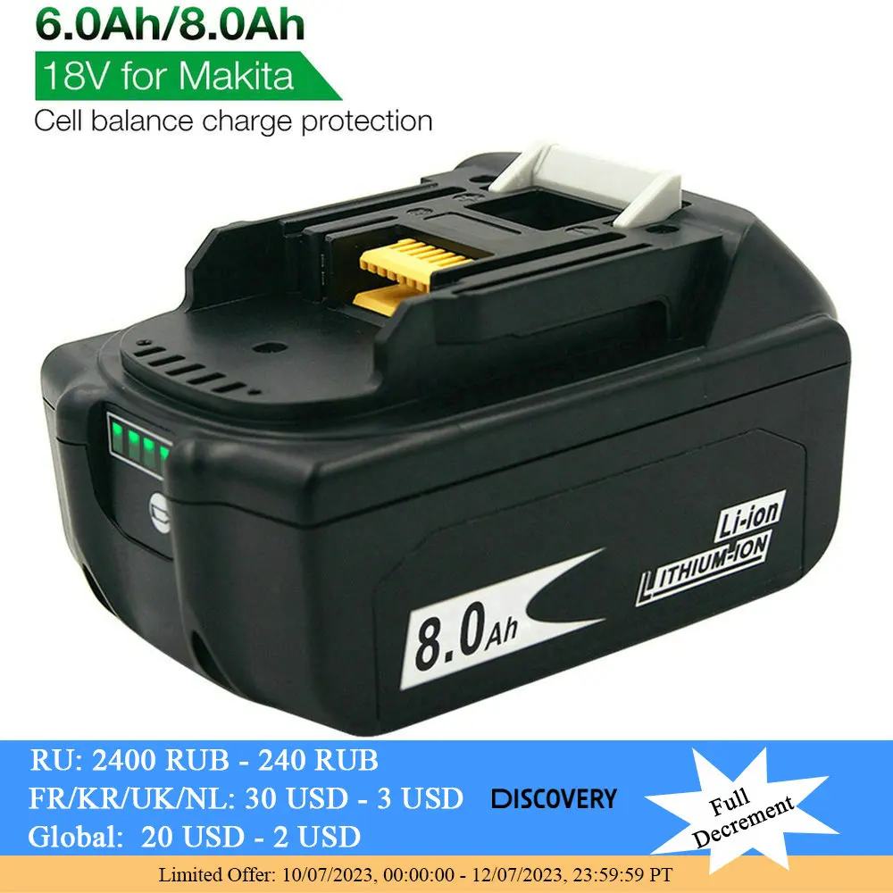 Литий-ионный аккумулятор BL1860 BL1880 18 в 6000 мАч 8000 мАч для электроинструмента Makita BL1830 BL1840 BL1850 LXT400
