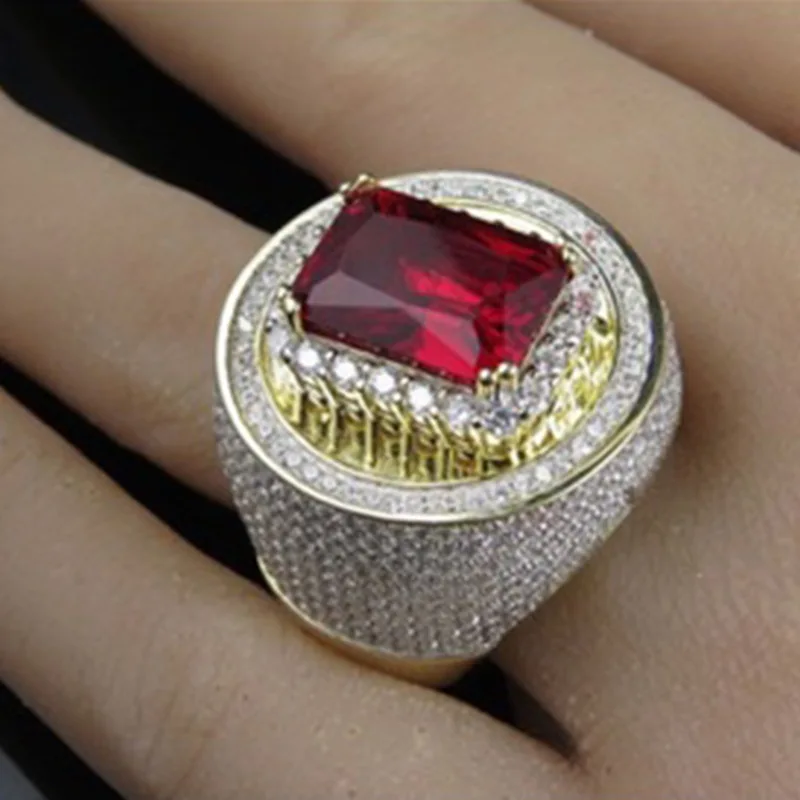 

Hip Hop Fashion Big Male Wide Red Zircon Stone Geometric Ring Yellow Gold Iced Out Wedding Rings for Men Women Jewelry