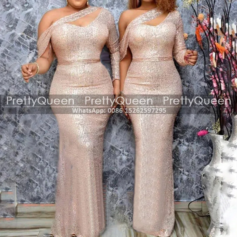 

Bling Sequins Mermaid Prom Dresses With Single Long Sleeves One Shoulder Plus Size Women Sheath Formal Evening Dress Party