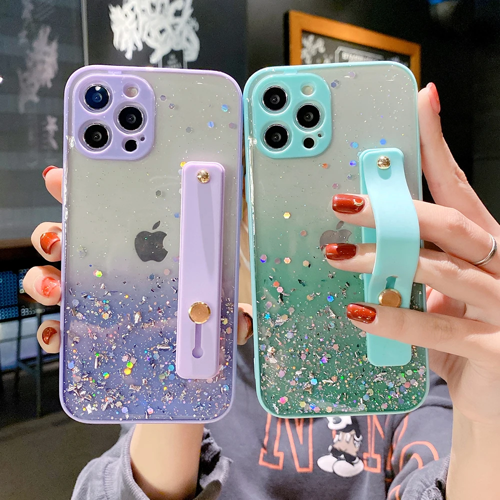 

LOVECOM Gradient Glitter Clear Phone Case For iPhone 13 Pro Max 11 12 Pro Max XR XS Max 8 7 Plus X Wrist Strap Stand Soft Cover