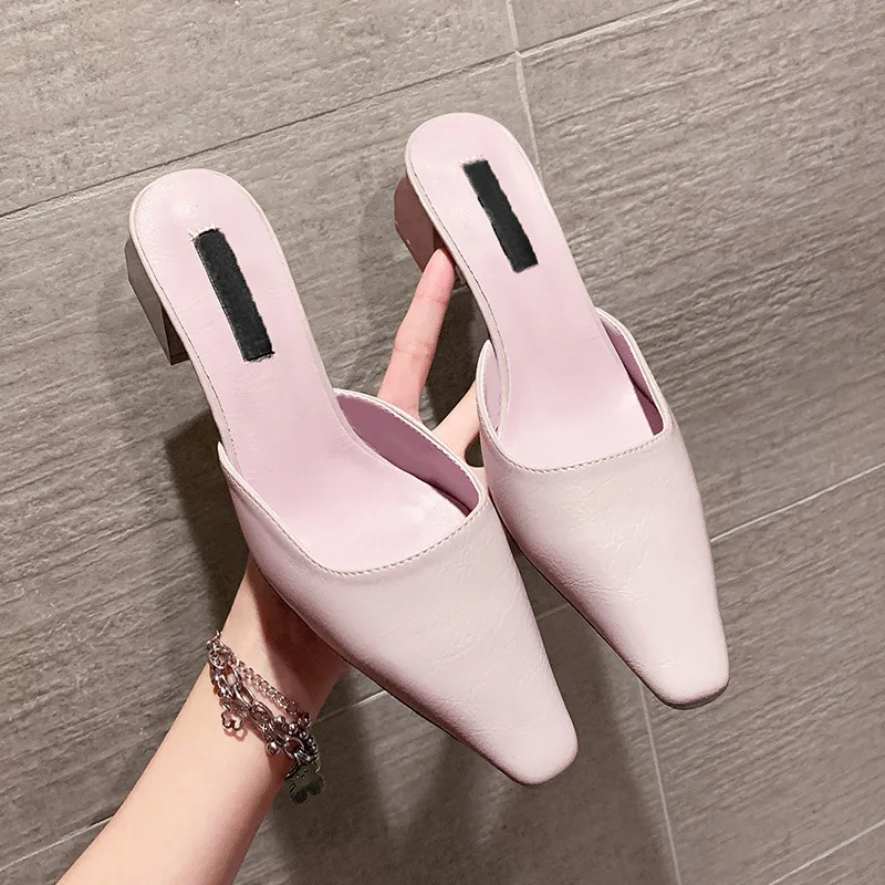

2022 Summer New Pointed Toe Mid-heel Ladies Sandals Thick Heel One Pedal Lazy Baotou Half Slippers Outside Wear Sandals