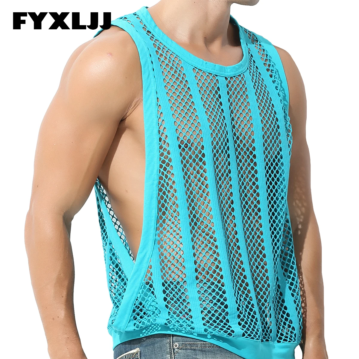 

FYXLJJ Men's Transparent Muscle Tank Tops Sleeveless Undershirts Sexy Mesh Sheer Hollow Vest See Through Fishnet T Shirt Singlet