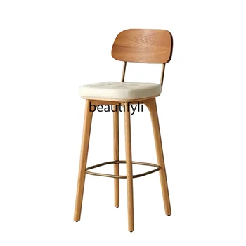 yj Nordic Solid Wood Bar Stool Simple Backrest Bar Chair Cafe Bar Dessert High Leg Table and Chair Combination