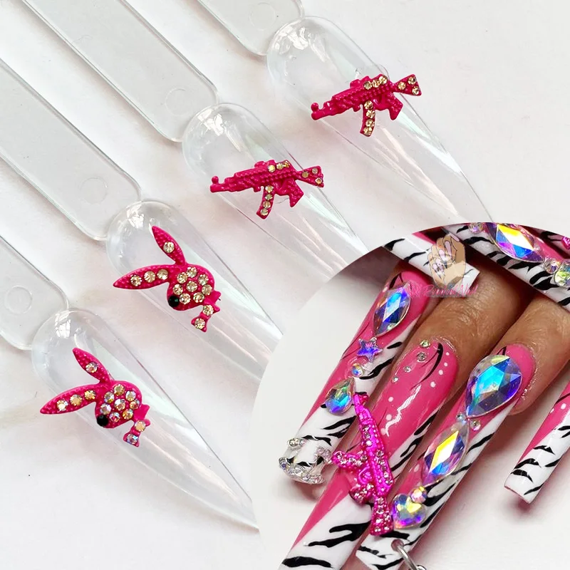 10pcs Luxury Nail Charms Hot Pink Bunny Gun Shape Glitter Rhinestones DIY Jewelry Manicure 3D Nail Art Tips Decoration Accessor