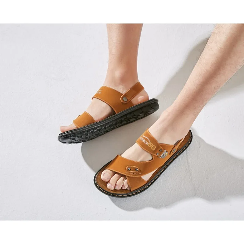 Сандалии мужские кожаные мягкая подошва дизайнерские уличная пляжная обувь на
