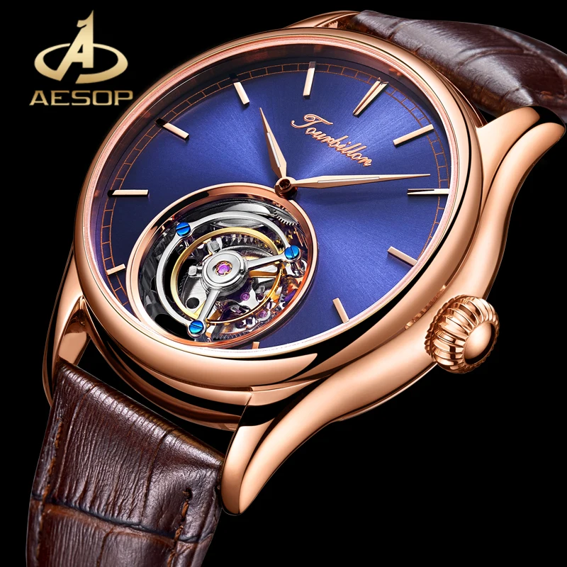 

AESOP Stainless Steel Sport Watches Tourbillon Men Wristwatch Waterproof Rose Gold Case Leather Mechanical Watch Reloj hombre