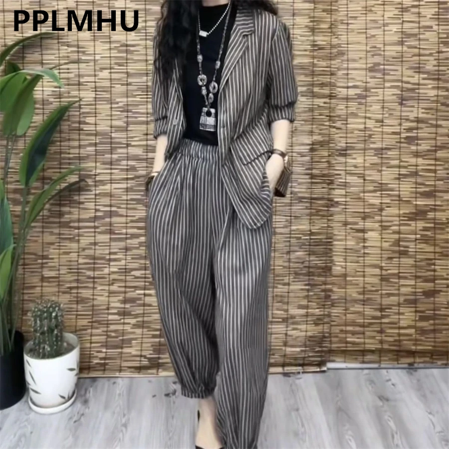 2 Pieces Sets Oversize 4xl Suits Thin Unlined Blazer Shirts Capris Harem Pants Casual Outfits