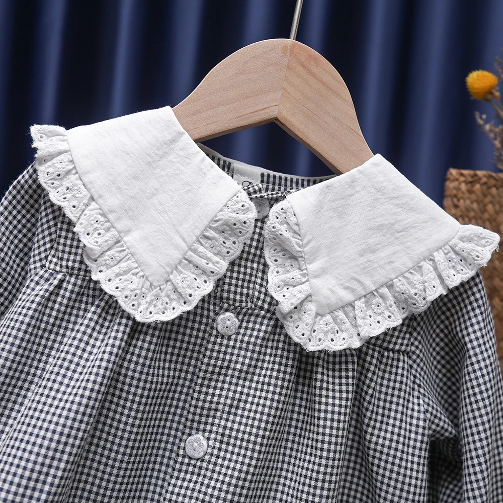 Spring Autumn Children Clothes Classic Style Girls Cute Doll Collar Loose Lattice Baby Shirt Long Sleeve Cotton Tops Blouse