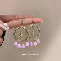 minar sweet purple color arcylic wisteria flower long drop earrings for women hollow circle bells pendant earring party jewelry