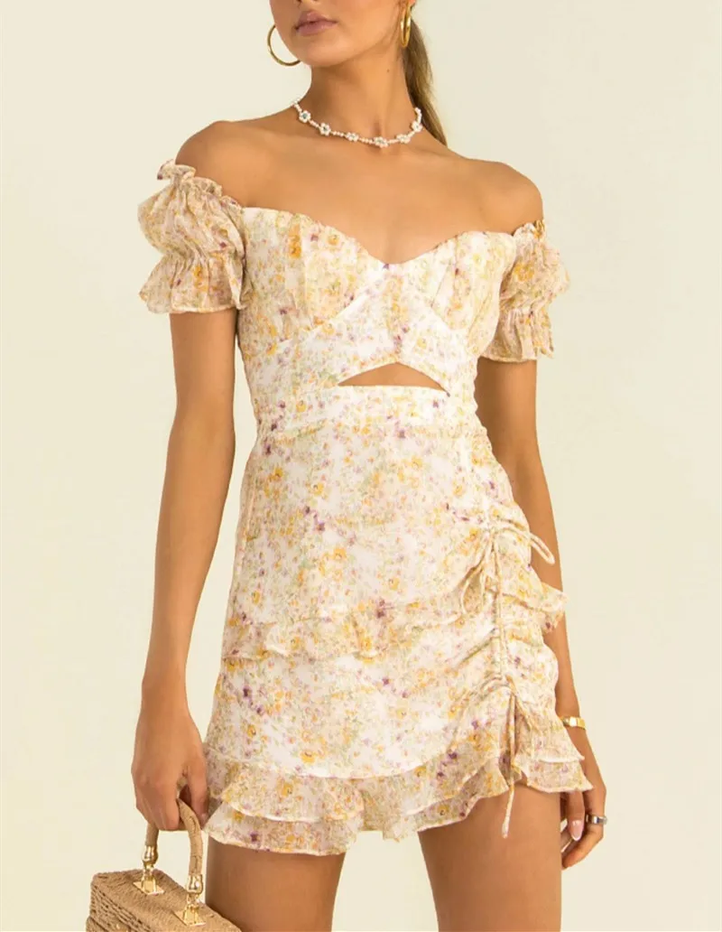 

Women's Floral Print Sexy Puff Sleeve Mini Dress 2022 Summer Slash Neck Drawstring Waist Lace-up Lady Seaside Holiday Short Robe