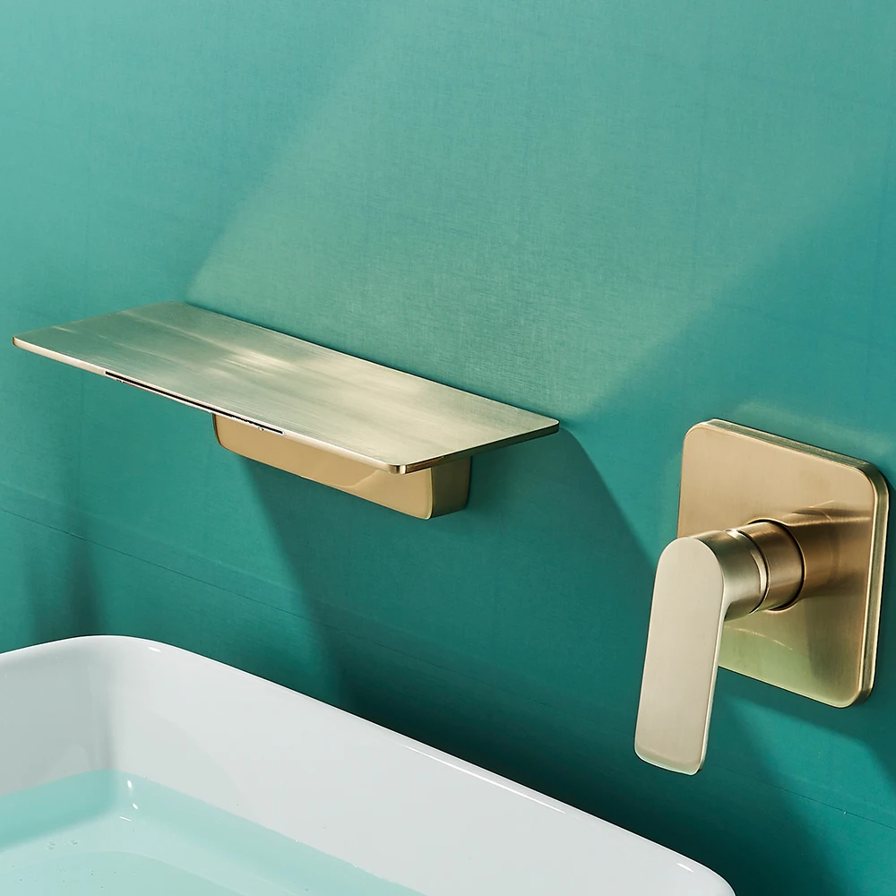 

Brushed Gold Basin Faucet Wall Mounted Waterfall Bathroom sink Faucet Concealed Box Single Handle Cold Hot Water Mixer Tap