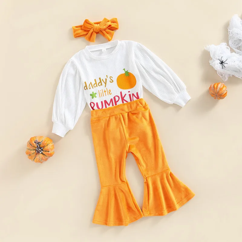 

Girl Halloween Clothes Pant Sets Spring Fall Fashion Letter Pumpkin Long Sleeve Tops and Flared Pants Headband