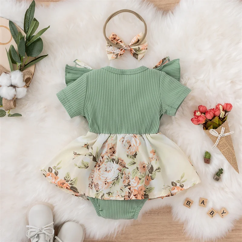 Hot Sale Baby Girl Clothes Summer Kids Newborn Bodysuits Dress Flower Bow Patchwork Infant Bebe Rompers Jumpsuits With Headbands