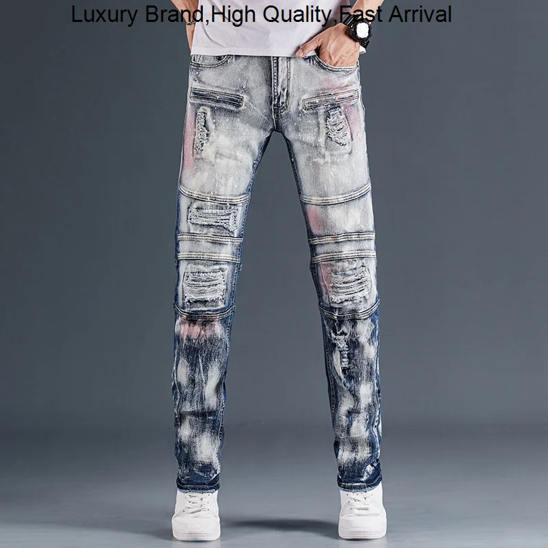 

Fashion Dropshipping Men Casual Ripped Hiphop Pants Straight Jean For Male Distressed Denim Trousers Personality Streetwear