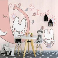 custom mural wall wallpaper hand painted cartoon pink elephant little white rabbit childrens room tv background papel de pared