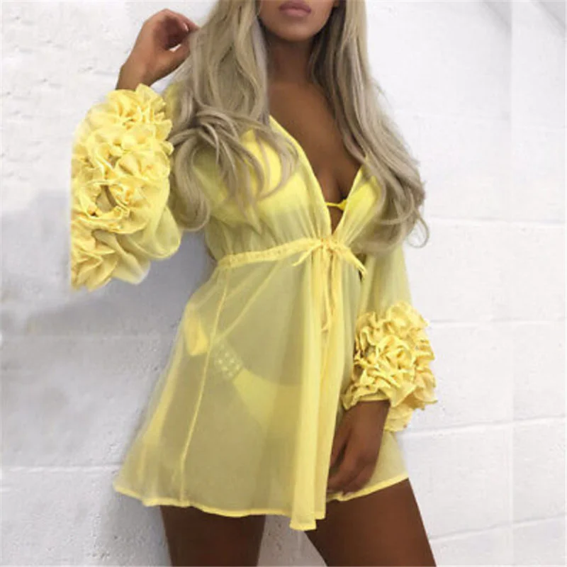 

Summer Puff Sleeve Beach Dress Women Beachwear Swimwear Bikini Cover Up Tunic Kaftan Pareo Ladies Boho Robe Clothing Ropa mujer
