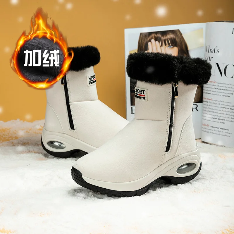 

Women Flat Boots and Velvet Snow Boots Women Winter Short Tube Mid Heel Cotton Boots Warm Thick Soled Women Large Size Boots