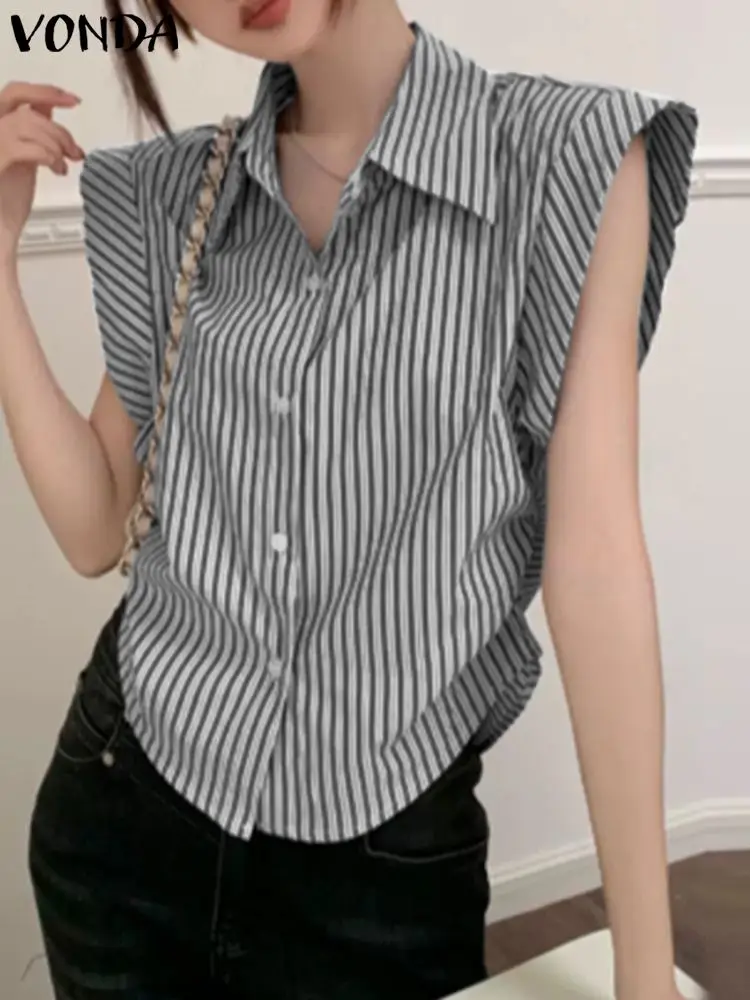 

VONDA Summer Fashion Striped Printed Women Tops 2023 Blouse Short Sleeve Shirts Pleated Casual Buttons Loose Blusas Femininas