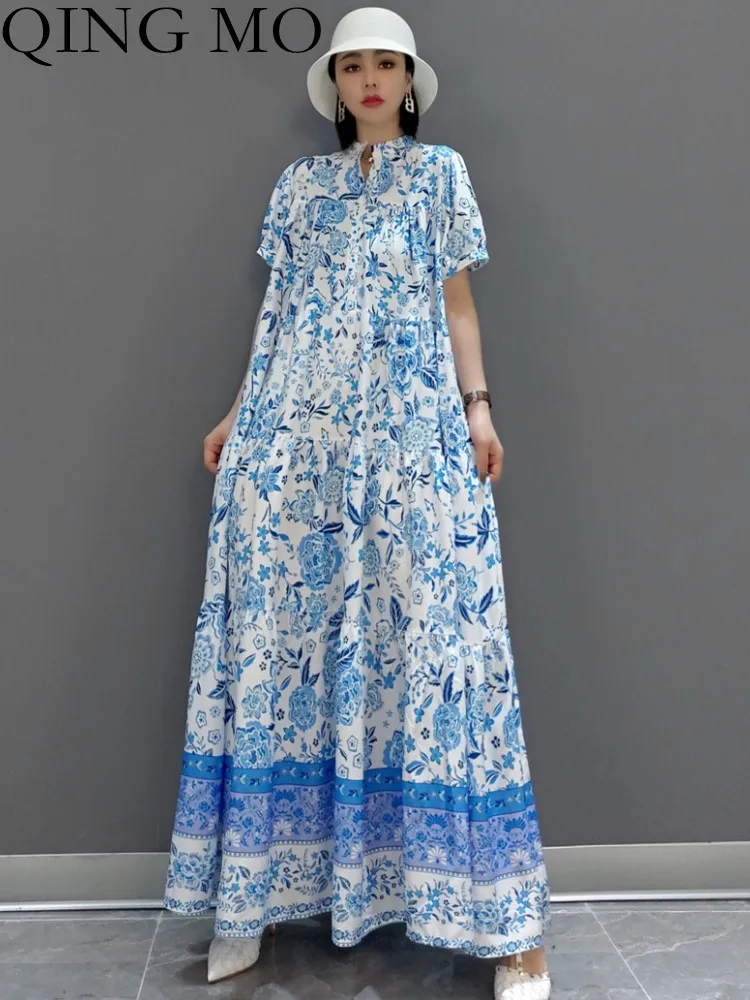 

QING MO 2023 Spring Summer New Fashion Short Sleeve Blue And White Porcelain Dress Loose Slim Women's Dress ZXF1189