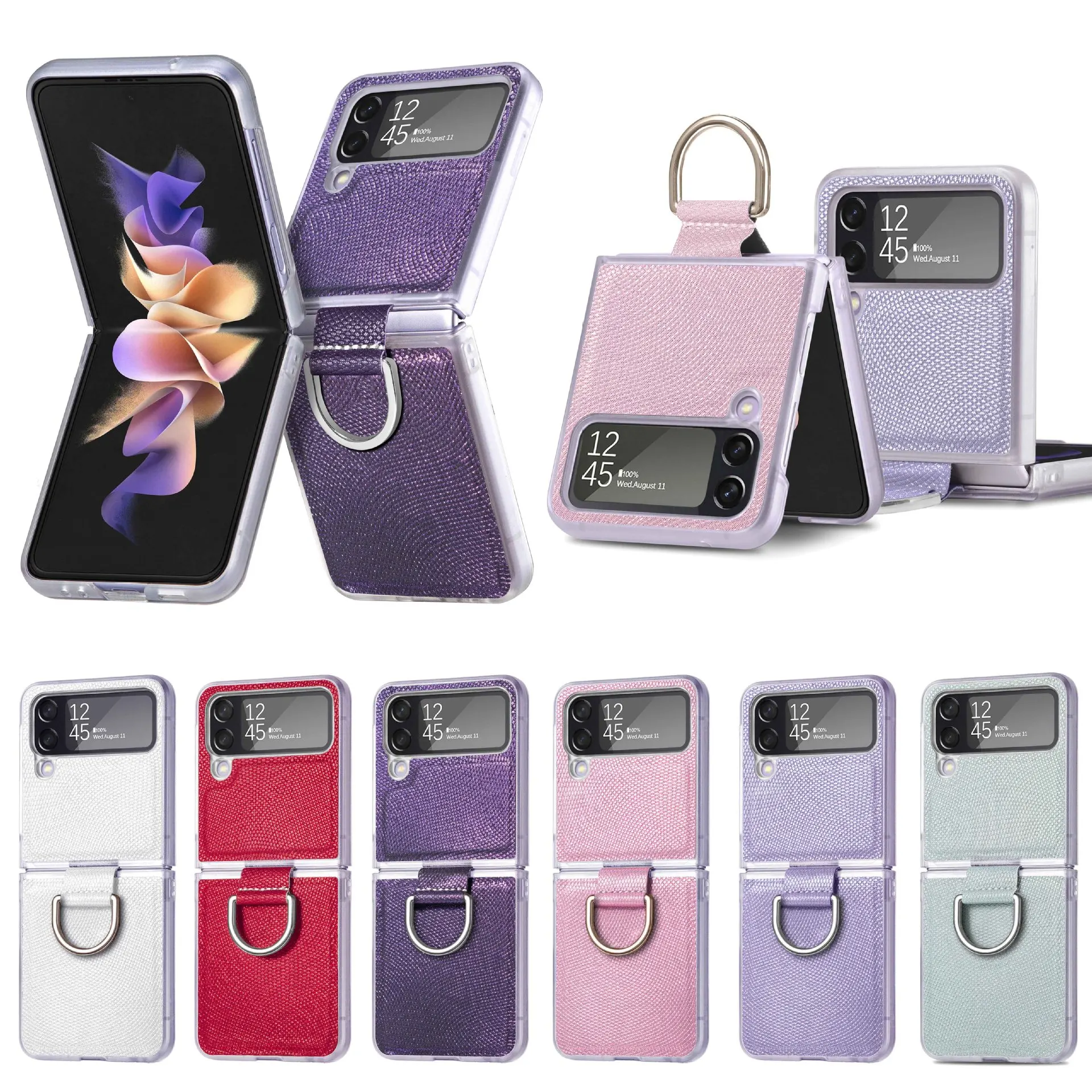 

10pcs Finger Ring Anti-drop PU Leather Protective Case for Samsung Galaxy Z Flip4 5G PC Phone Back Cover