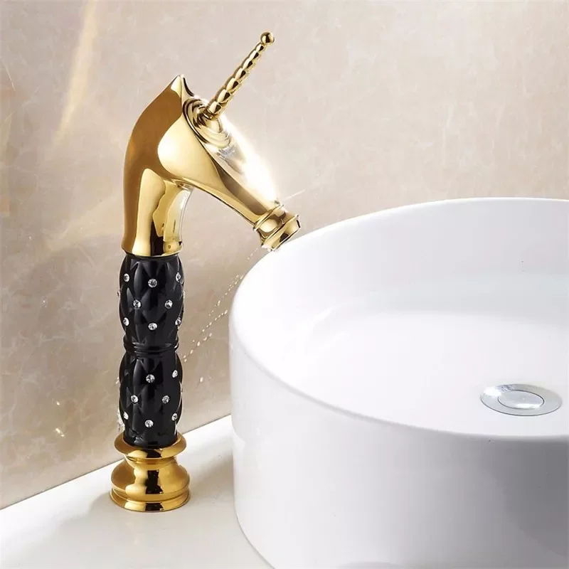 

Basin Faucets Horse Head Solid Brass Bathroom Sink Taps Crystal Glass Decorative Deck Mounted Hot and Cold Washbasin Tap HJ-819K