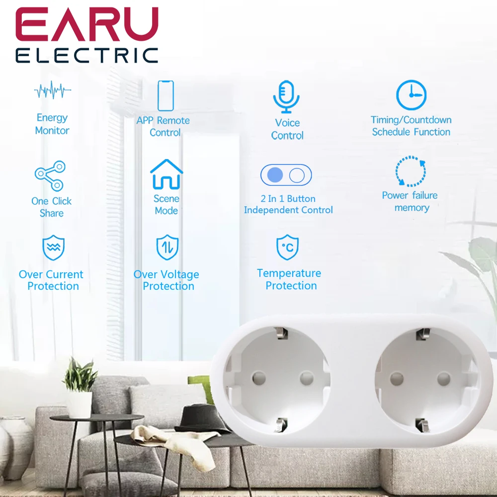 2 In 1 TUYA 16A EU Smart Wifi Power Plug Energy Monitor Timer House Wireless Dual Socket Outlet Alexa Google Home |