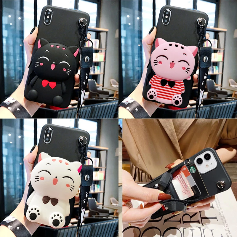 Силиконовый чехол-кошелек с мультяшным 3D котом для Motorola Moto E13 E20 E22 E30 E32 E40 E5 E6S E7 Power