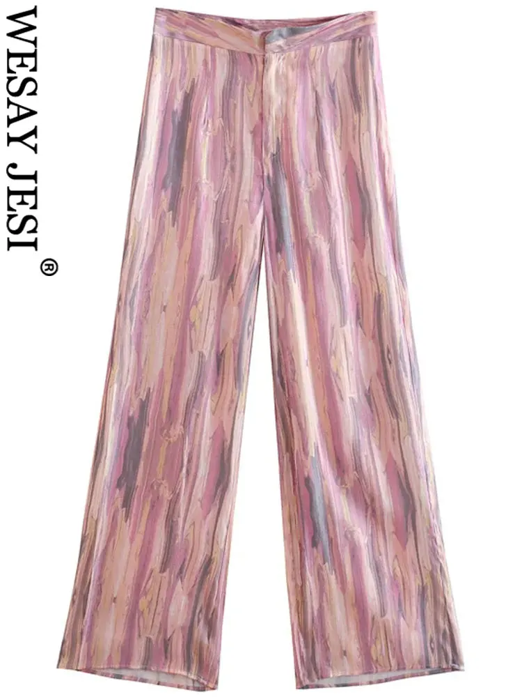 

WESAY JESI Casual Waist Fashion Lady Trousers Pink Print Trend With Pockets Loose Convenient Comfortable Women's Wide Leg Pants
