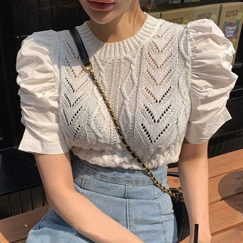 

Korean Elegant O-Neck Puff Short Sleeve T-shirts Tops 2022 Summer Woman Knitted Hollow Out Patchwork Casual T-shirt Tee Female