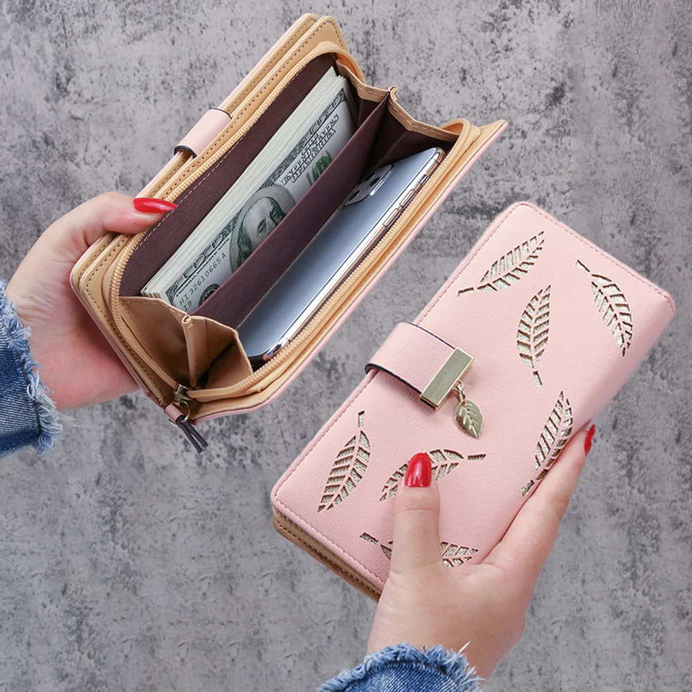 

Women's Hollow Golden Leaf Buckle Wallet Female Long Zipper Coin Purses Ladies Multifunction Card Holder Clutch Money Bag 2023