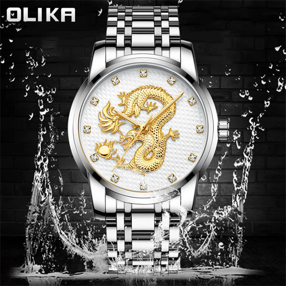 

QSCY OLILKA Man Watch For Men Chinese Wind Dragon Waterproof Quartz Wristatch Business Fashion Steel Band Luminous Men's Watches