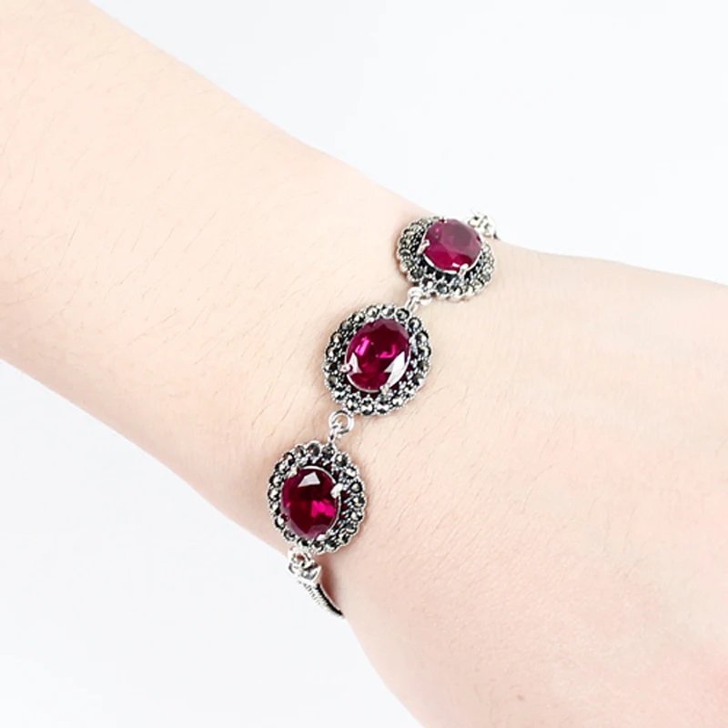 ZHJIASHUN Retro 100% 925 Sterling Silver Garnet Ruby Bracelets Retro Natural Red Gemstone Bracelet Jewelry For Women