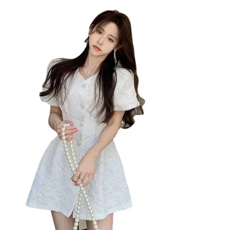 

Retro Dress Women's Summer V-neck French Sweet Bubble Sleeve Waist Skirt