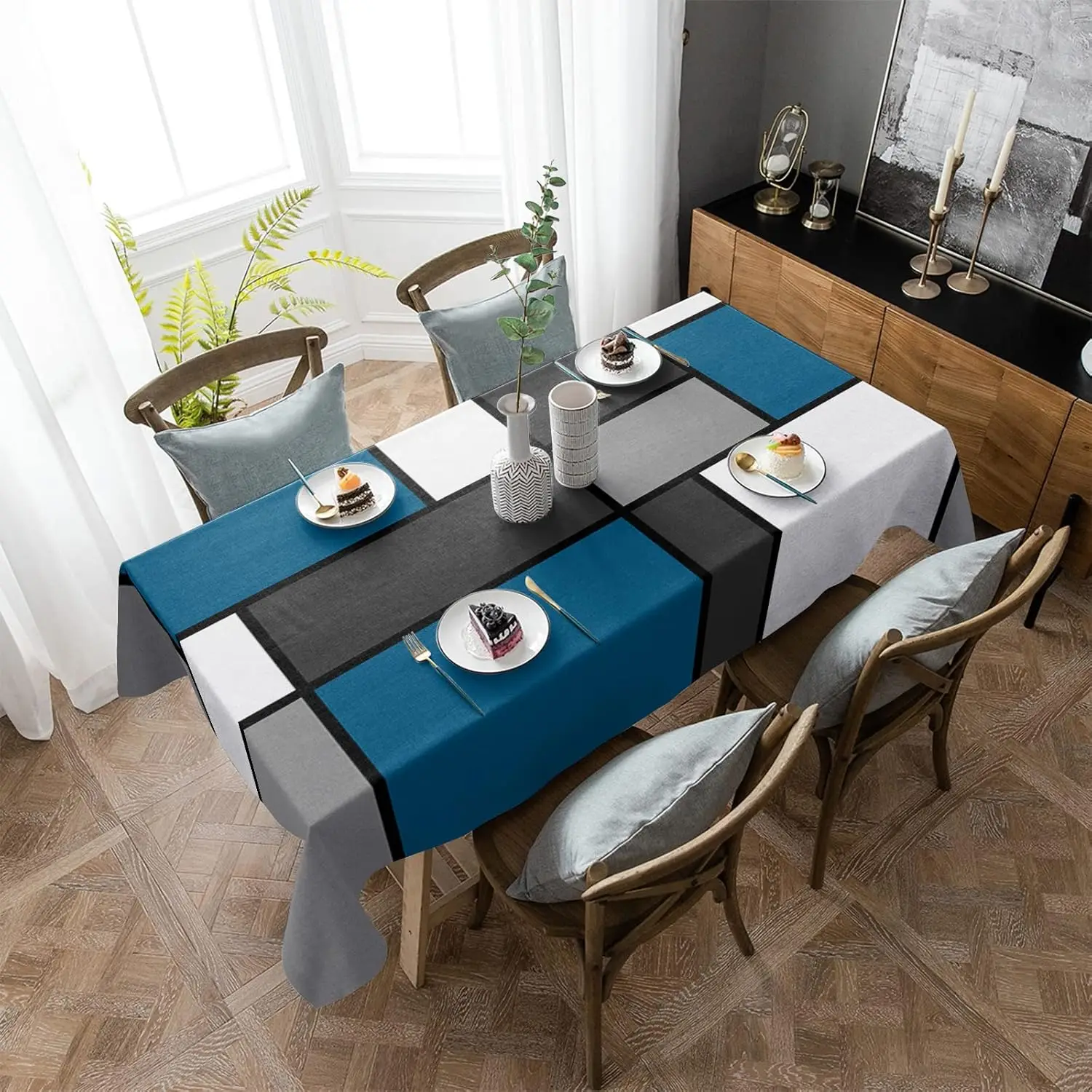 

Прямоугольная скатерть из полиэстера, темно-синий, серый, геометрический узор