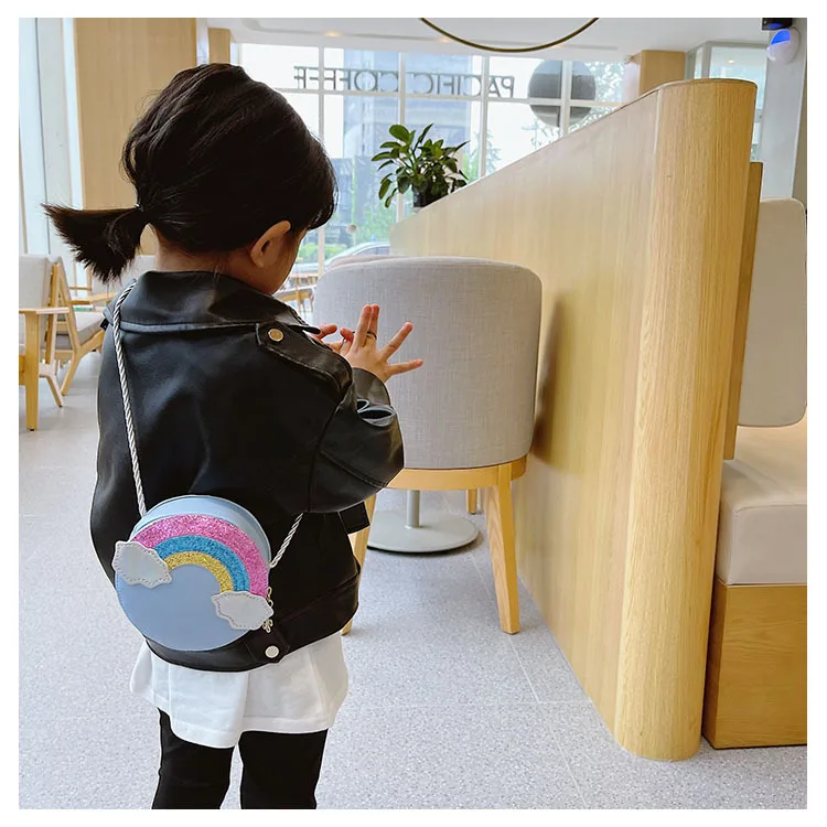 Sequined Girls Small Round Shoulder Bag Rainbow Little Kids Solid Color Coin Purses Handbag Pu Leather Children Crossbody Bags