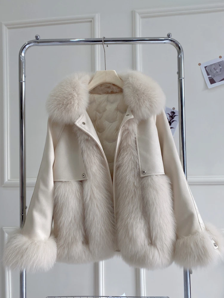 

RosEvans Patchwork New Suede Fox Fur Collar Coat Women Mid-length Warm Down Lining Real Fur Jacket Short Female Autumn Winter