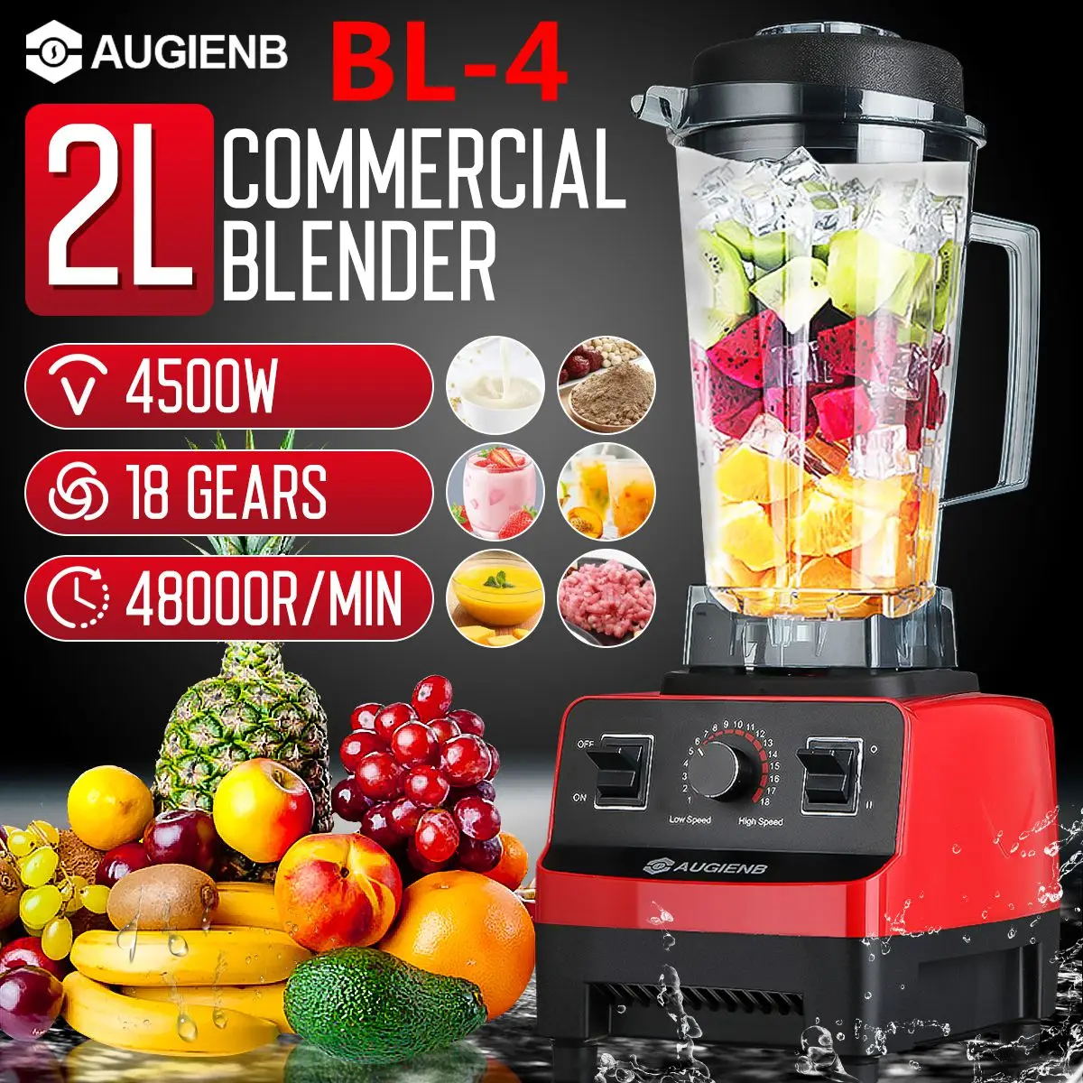 

AUGIENB BPA Free 4500W Heavy Duty Commercial Grade Blender Mixer 2L Jar Juicer Food Processor Ice Smoothies Bar Fruit Blenders