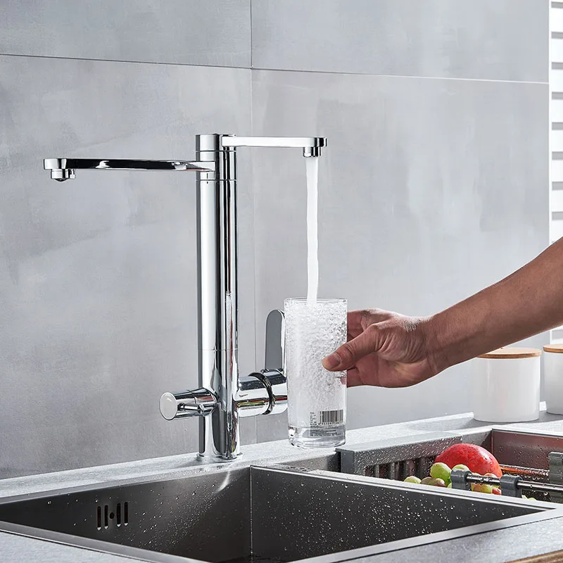 

Chrome Purify Kitchen Faucet Dual Swivel Spout Three Way Kitchen Sink Mixer Tap Dual Water Outlet Drinking Water cozinha de pare